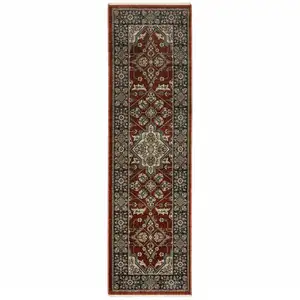 Photo of Red Ivory Blue Navy Gold And Grey Oriental Power Loom Stain Resistant Runner Rug With Fringe