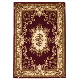 Photo of Red Ivory Machine Woven Hand Carved Floral Medallion Indoor Accent Rug