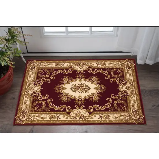 Red and Ivory Floral Border Area Rug Photo 1