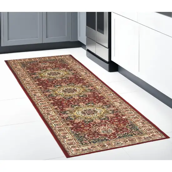 8' Red Ivory Machine Woven Oriental Indoor Runner Rug Photo 1