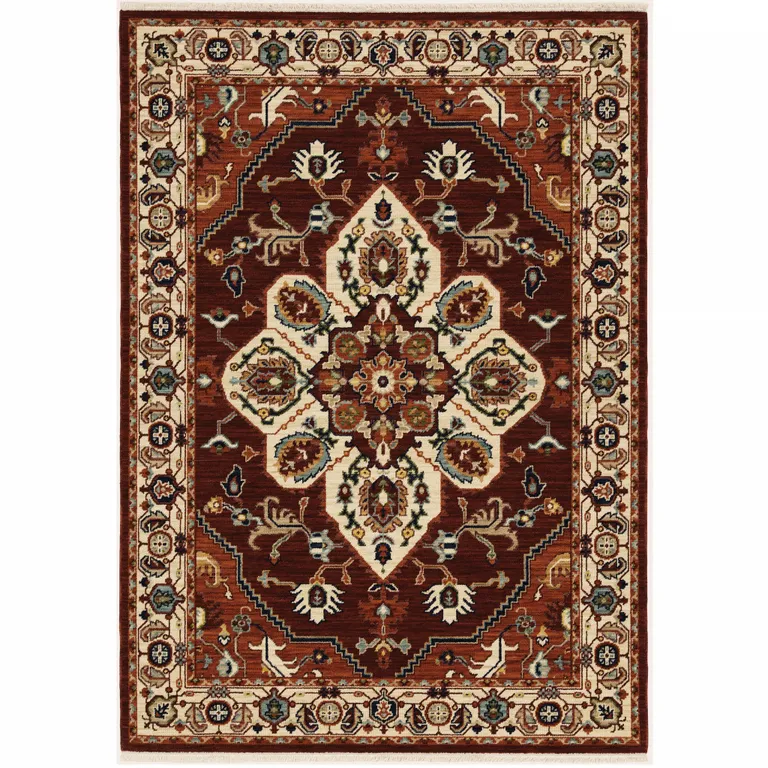 Red Ivory Orange And Blue Oriental Power Loom Stain Resistant Area Rug With Fringe Photo 1