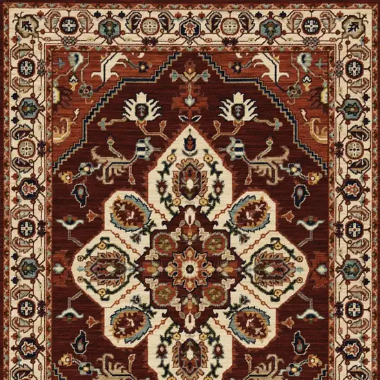 Red Ivory Orange And Blue Oriental Power Loom Stain Resistant Area Rug With Fringe Photo 7