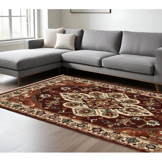 Red and Ivory Oriental Power Loom Area Rug With Fringe Photo 1