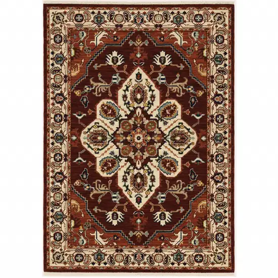 Red Ivory Orange And Blue Oriental Power Loom Stain Resistant Area Rug With Fringe Photo 1