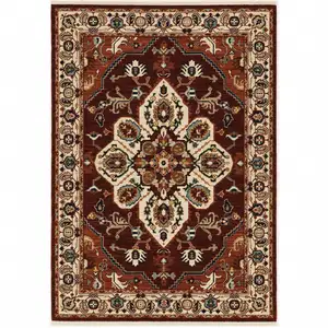 Photo of Red Ivory Orange And Blue Oriental Power Loom Stain Resistant Area Rug With Fringe