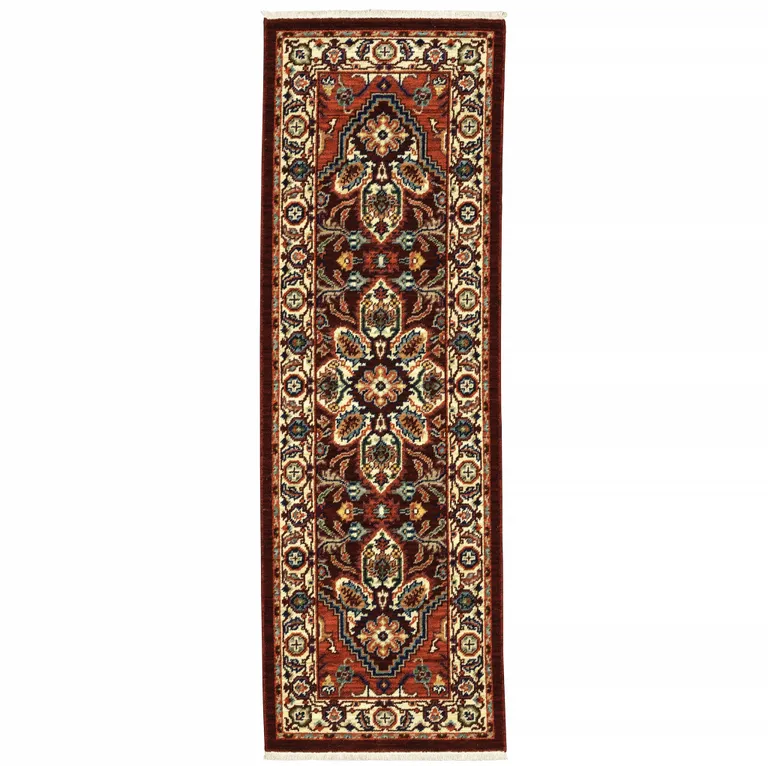 Red Ivory Orange And Blue Oriental Power Loom Stain Resistant Runner Rug With Fringe Photo 1