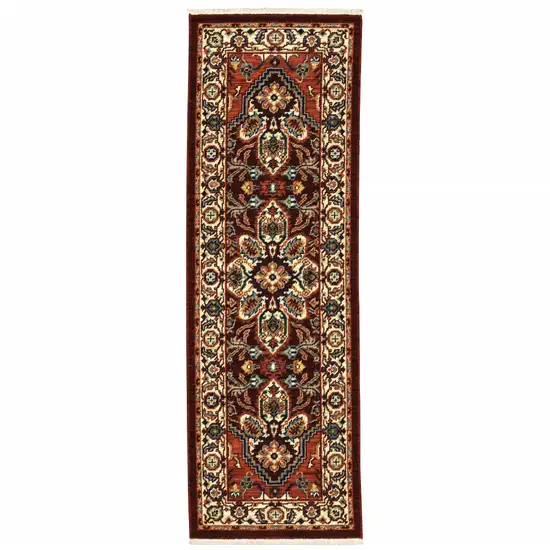 Red Ivory Orange And Blue Oriental Power Loom Stain Resistant Runner Rug With Fringe Photo 2