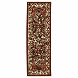 Photo of Red Ivory Orange And Blue Oriental Power Loom Stain Resistant Runner Rug With Fringe