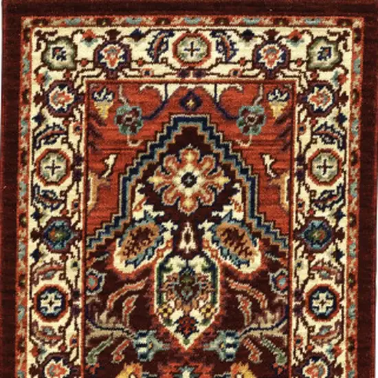 2' X 6' Red Ivory Orange And Blue Oriental Power Loom Stain Resistant Runner Rug With Fringe Photo 6