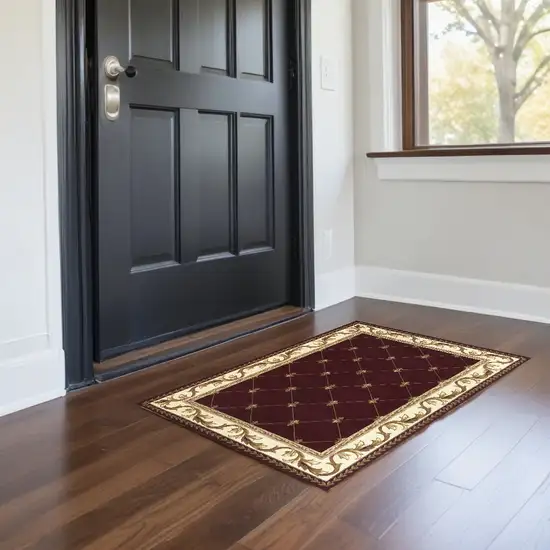 3'X5' Red Machine Woven Hand Carved Fleur De Lis Indoor Area Rug Photo 1