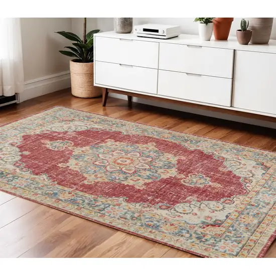 Orange Red and Gold Medallion Power Loom Area Rug Photo 1