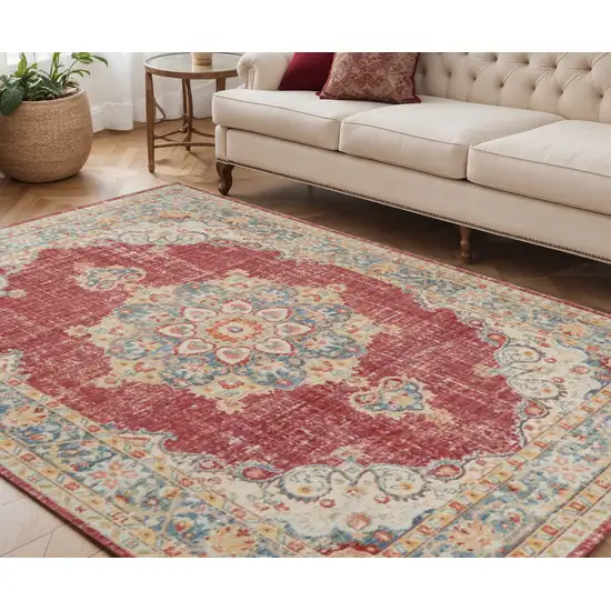 Orange Red and Gold Medallion Power Loom Area Rug Photo 1