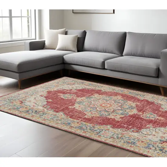 Orange Red and Gold Medallion Power Loom Area Rug Photo 1