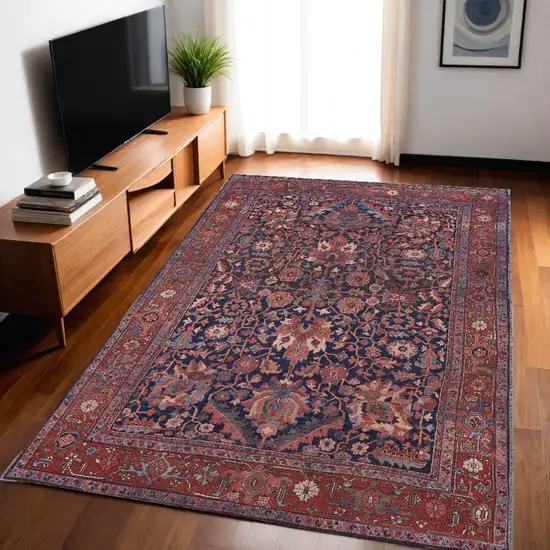 Red Orange And Blue Floral Power Loom Area Rug Photo 1