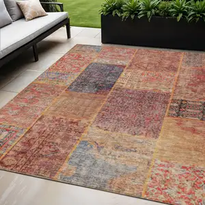 Photo of Red Orange And Blue Patchwork Washable Indoor Outdoor Area Rug