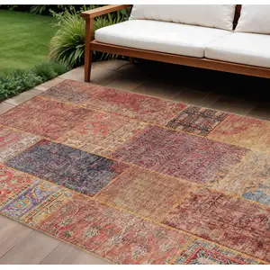 Photo of Red Orange And Blue Patchwork Washable Indoor Outdoor Area Rug