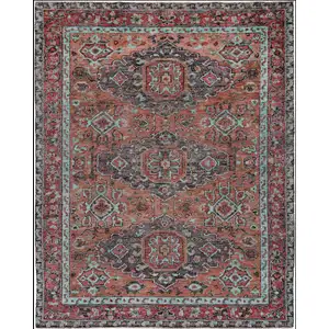 Photo of Red Orange And Blue Wool Floral Hand Knotted Distressed Stain Resistant Area Rug With Fringe