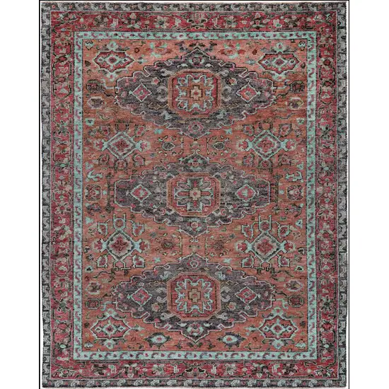 Red Orange And Blue Wool Floral Hand Knotted Distressed Stain Resistant Area Rug With Fringe Photo 1