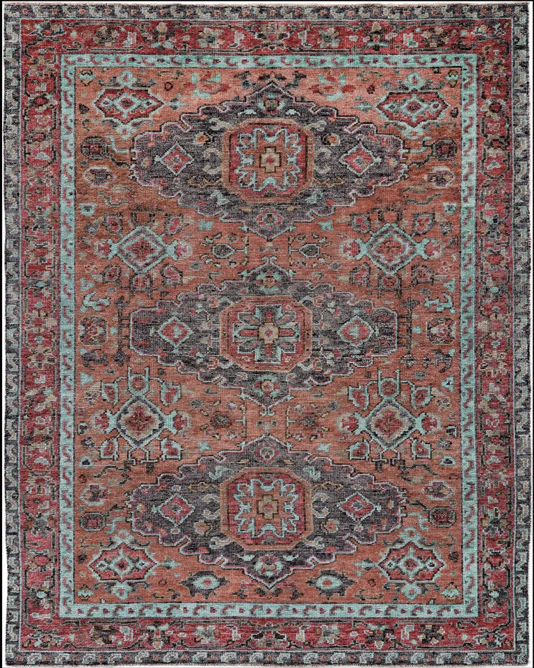 Red Orange And Blue Wool Floral Hand Knotted Distressed Stain Resistant Area Rug With Fringe Photo 1