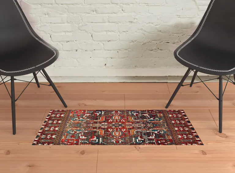 Red Orange Blue And Grey Southwestern Power Loom Stain Resistant Area Rug Photo 2