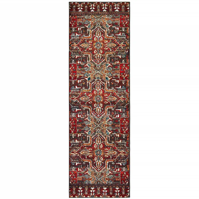 Red Orange Blue And Grey Southwestern Power Loom Stain Resistant Runner Rug Photo 1