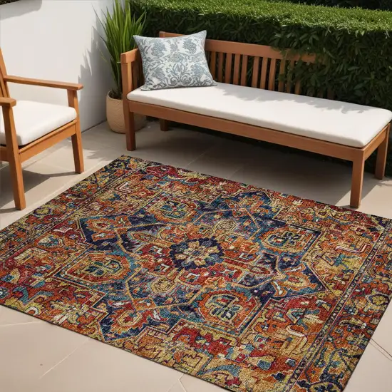 Red Orange and Blue Oriental Washable Non Skid Indoor Outdoor Area Rug Photo 1