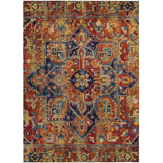 Red Orange and Blue Oriental Washable Non Skid Indoor Outdoor Area Rug Photo 2