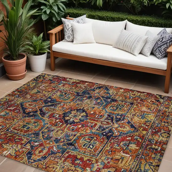 Red Orange and Blue Oriental Washable Non Skid Indoor Outdoor Area Rug Photo 1