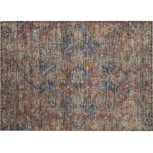 Photo of Red Orange and Blue Oriental Washable Non Skid Indoor Outdoor Area Rug