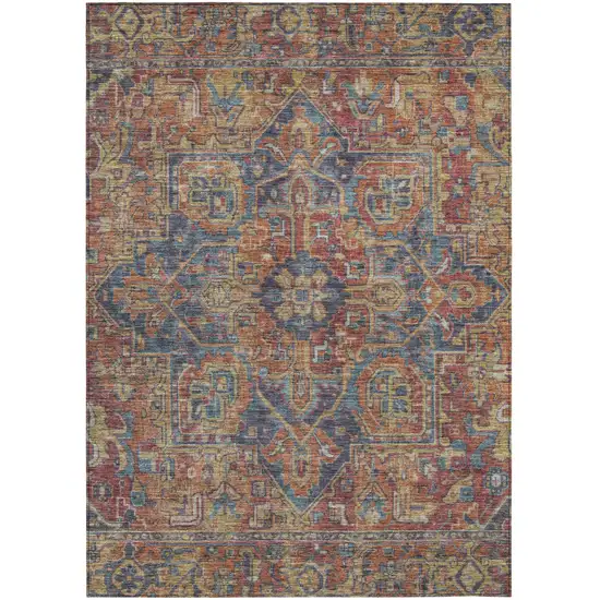 Red Orange and Blue Oriental Washable Non Skid Indoor Outdoor Area Rug Photo 2