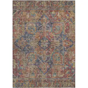 Photo of Red Orange and Blue Oriental Washable Non Skid Indoor Outdoor Area Rug