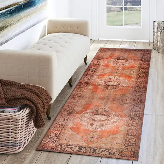 Red Oriental Distressed Non Skid Runner Rug Photo 4