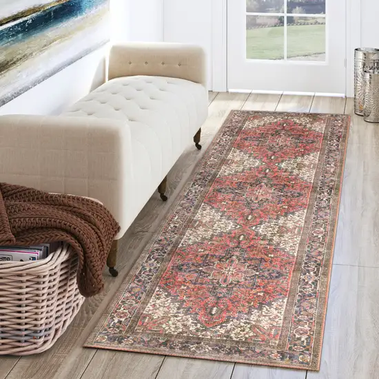 Red Oriental Distressed Non Skid Runner Rug Photo 4