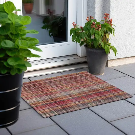 Red Orange and Brown Plaid Washable Non Skid Indoor Outdoor Area Rug Photo 8