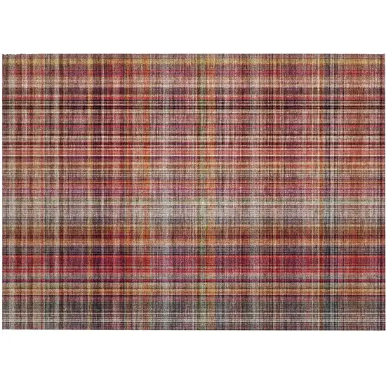 Red Orange and Brown Plaid Washable Non Skid Indoor Outdoor Area Rug Photo 2