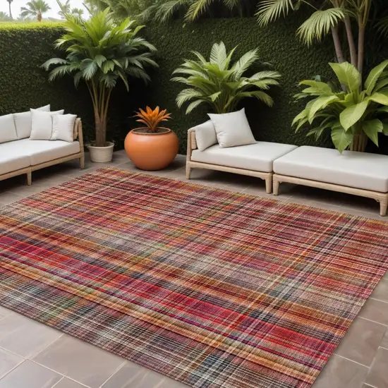 Red Plaid Washable Non Skid Indoor Outdoor Area Rug Photo 1