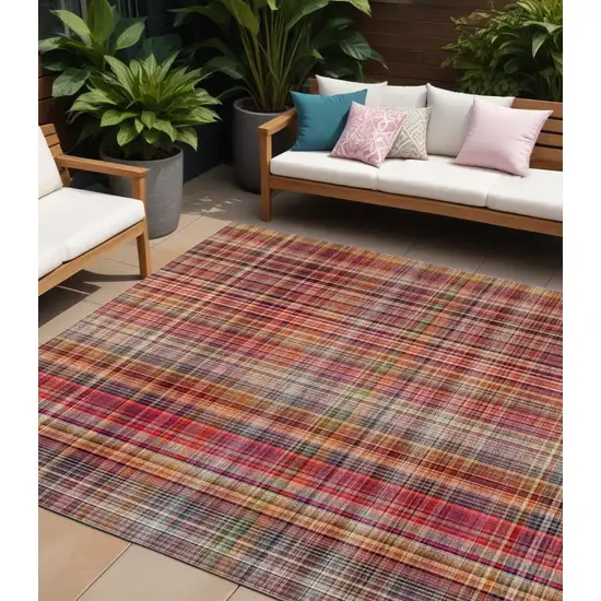 Red Orange and Brown Plaid Washable Non Skid Indoor Outdoor Area Rug Photo 1