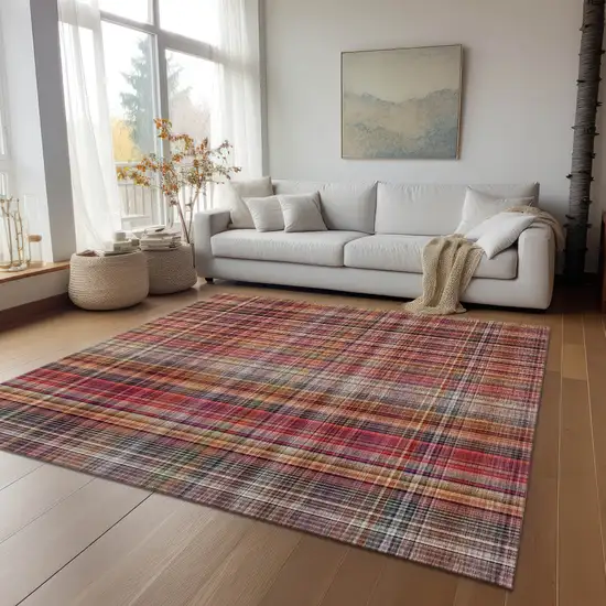 Red Orange and Brown Plaid Washable Non Skid Indoor Outdoor Area Rug Photo 8