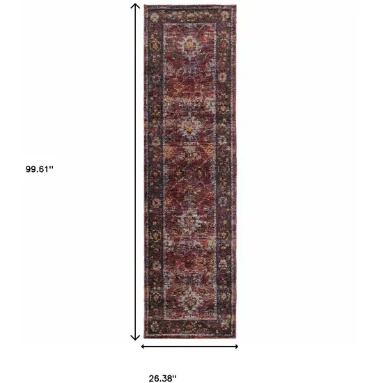 Red Purple Gold And Grey Oriental Power Loom Stain Resistant Runner Rug Photo 5