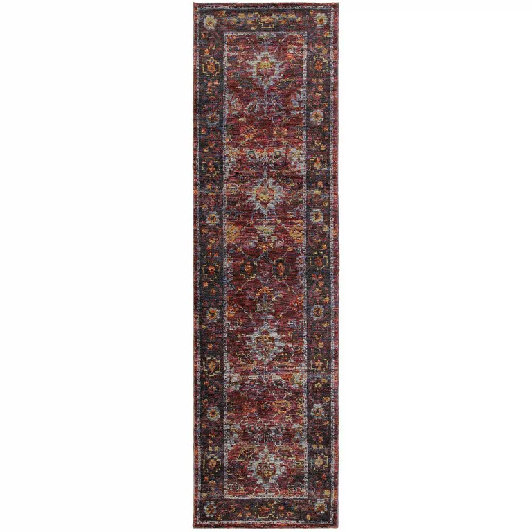 Red Purple Gold And Grey Oriental Power Loom Stain Resistant Runner Rug Photo 1