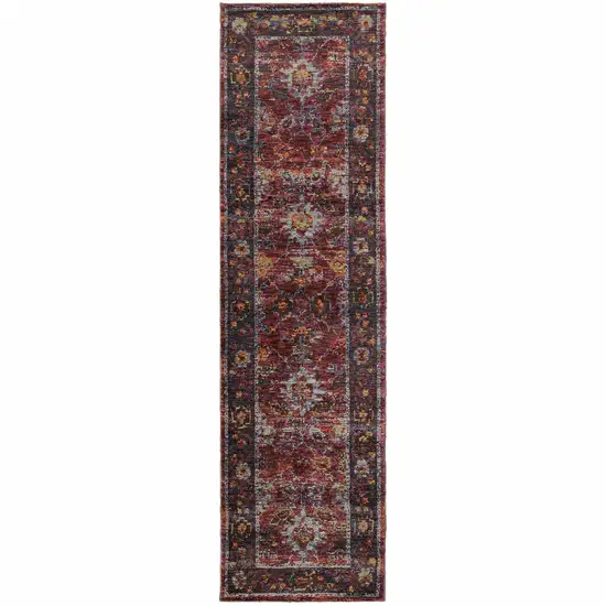 Red Purple Gold And Grey Oriental Power Loom Stain Resistant Runner Rug Photo 1