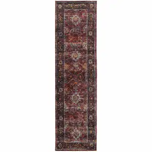 Photo of Red Purple Gold And Grey Oriental Power Loom Stain Resistant Runner Rug