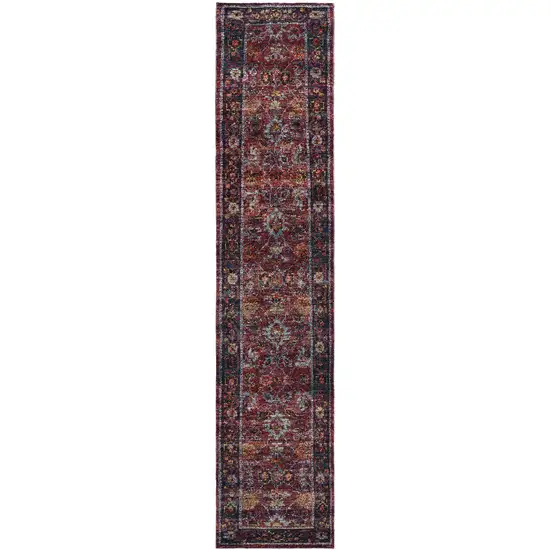 Red Purple Gold And Grey Oriental Power Loom Stain Resistant Runner Rug Photo 1