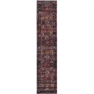 Photo of Red Purple Gold And Grey Oriental Power Loom Stain Resistant Runner Rug