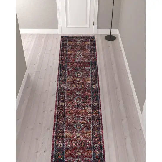 Red Purple Gold And Grey Oriental Power Loom Stain Resistant Runner Rug Photo 2