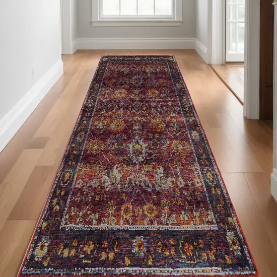 12' Runner Red Purple Gold and Grey Oriental Power Loom Runner Rug Photo 1