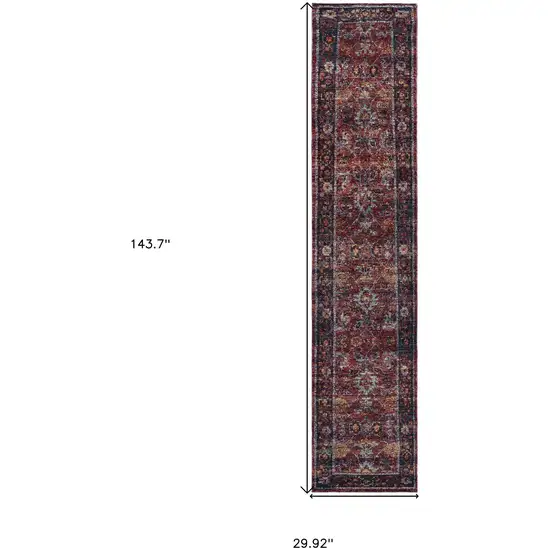 Red Purple Gold And Grey Oriental Power Loom Stain Resistant Runner Rug Photo 5