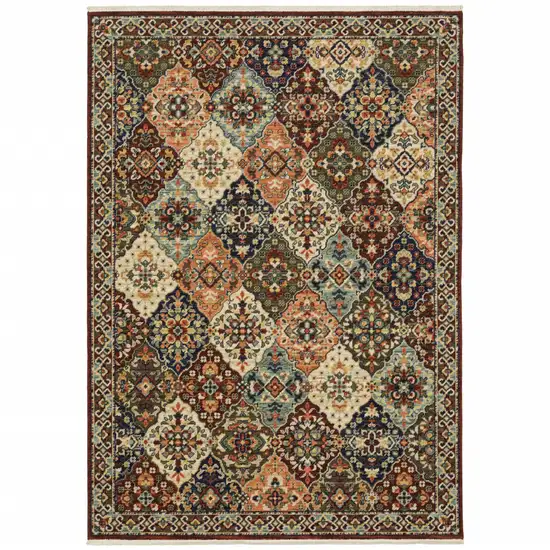 Red Rust Navy Light Blue Brown Orange Ivory And Gold Oriental Power Loom Stain Resistant Area Rug With Fringe Photo 1