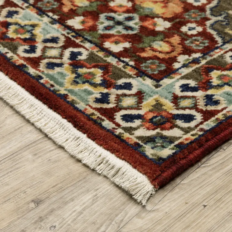 Red Rust Navy Light Blue Brown Orange Ivory And Gold Oriental Power Loom Stain Resistant Area Rug With Fringe Photo 4