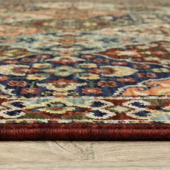 Red Rust Navy Light Blue Brown Orange Ivory And Gold Oriental Power Loom Stain Resistant Area Rug With Fringe Photo 8